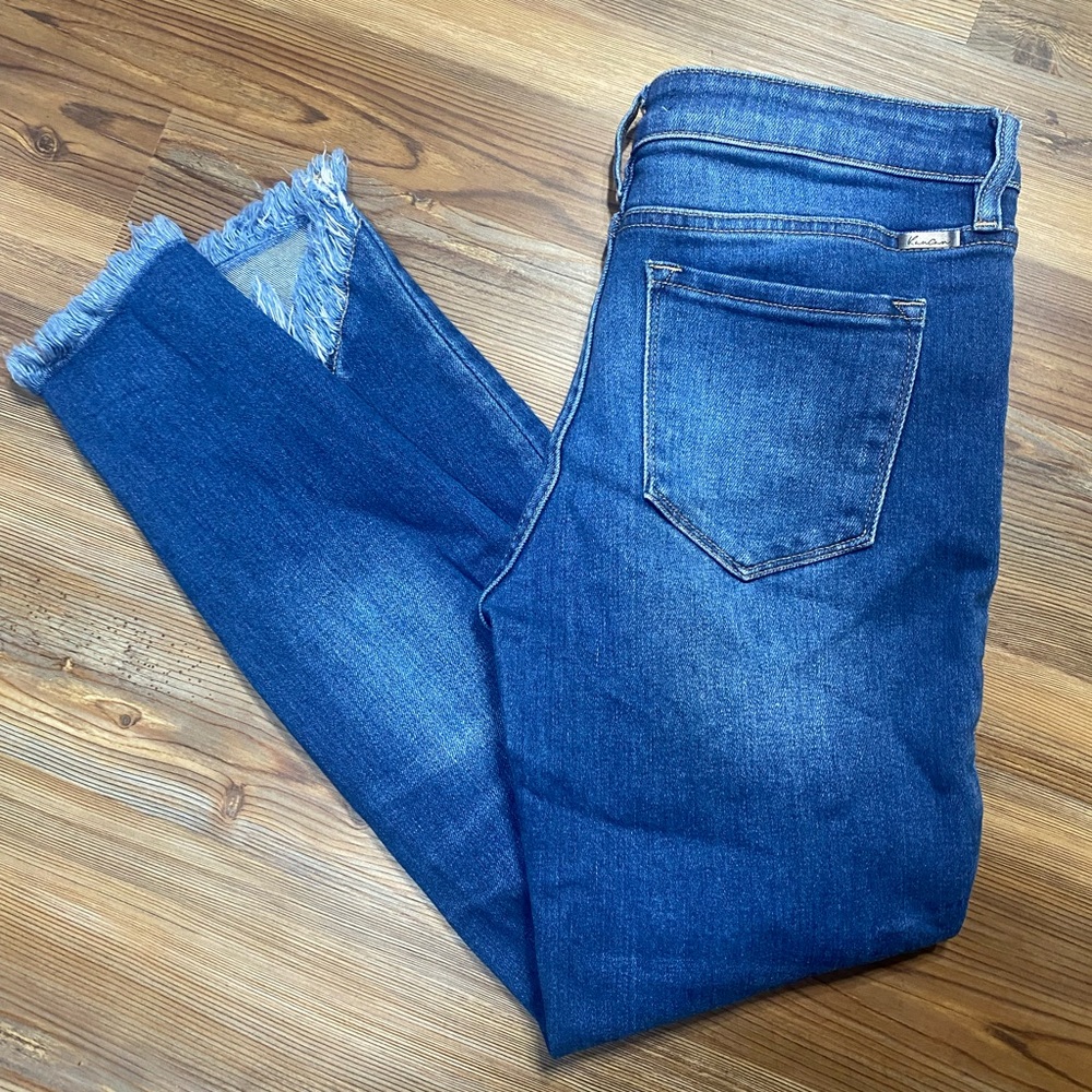 KanCan Dark Blue Cropped Jeans with Frayed Hem